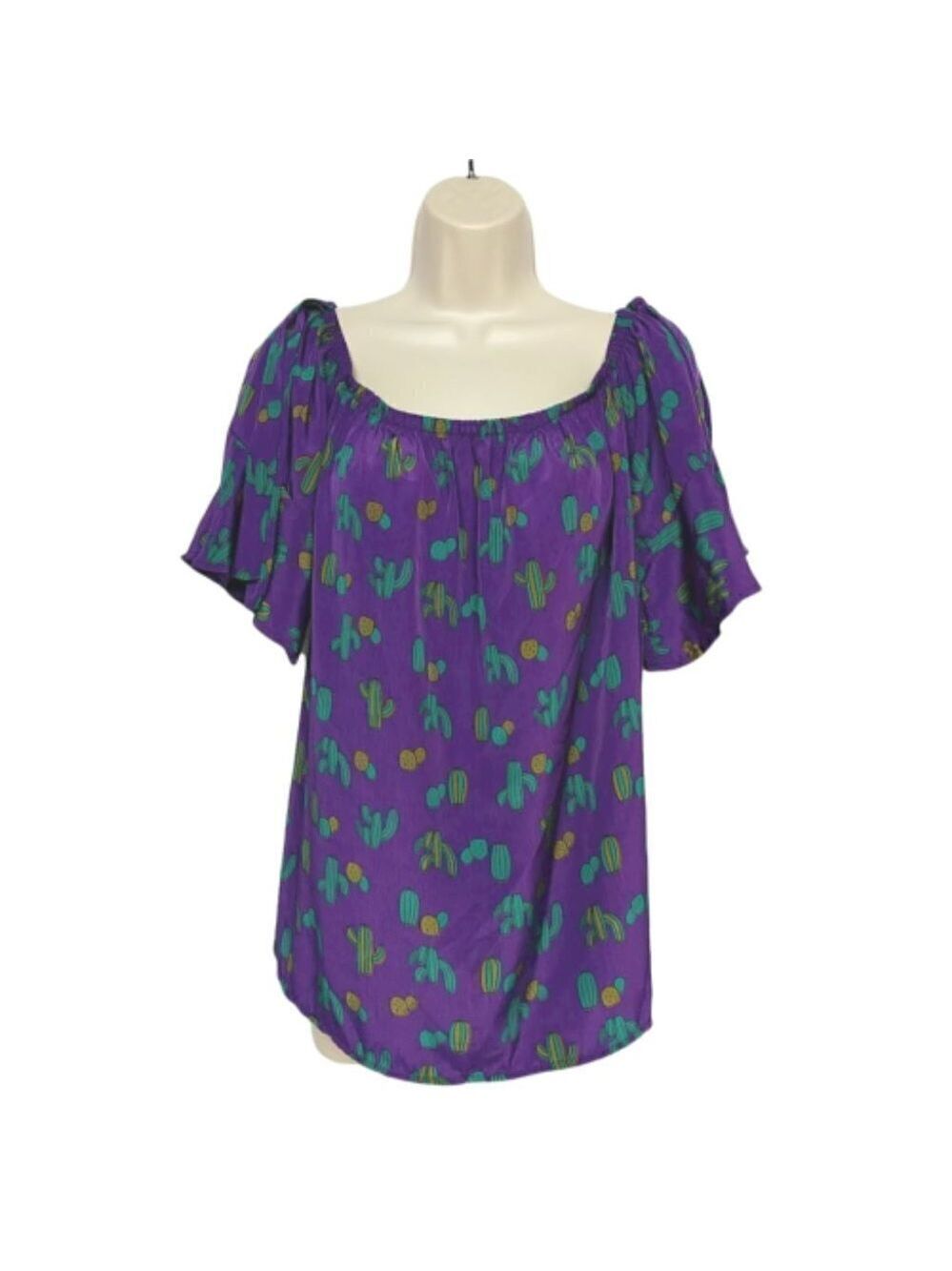 Hyped Unicorn Blouse Medium Purple Green Cactus Print